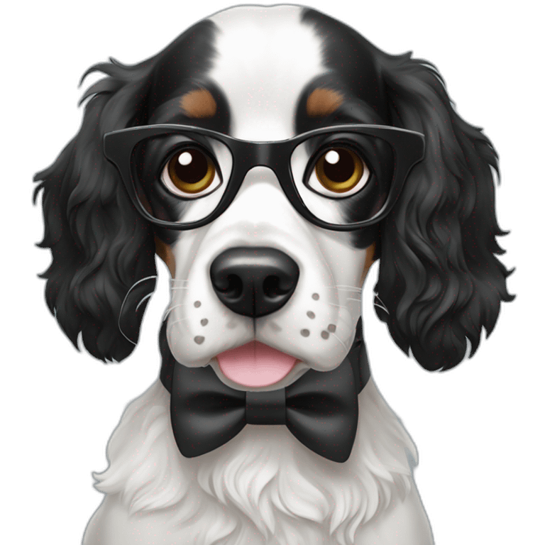 Black & white Spaniel dog wearing a bow tie and glasses emoji