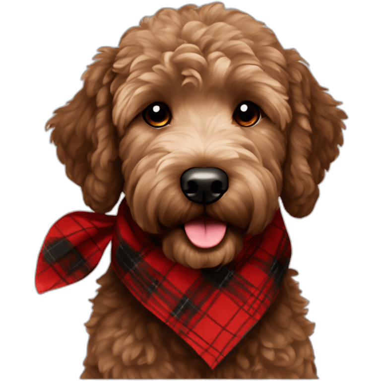 Black Chocolate brown colored golden doodle with a red and black flannel hankerchief emoji