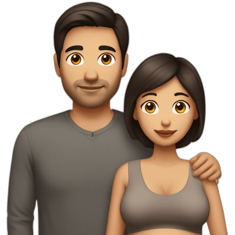 Latin pregnant woman with dark brown medium-long hair and a husband with short dark brown haircut without a mustache or beard emoji