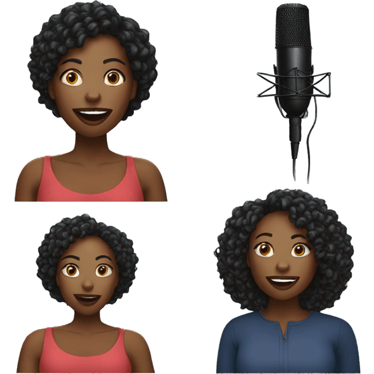 black african woman speaking at a podcast with a microphone near to the mouth emoji