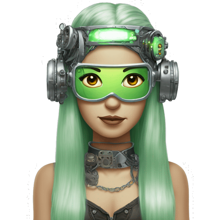 Light green long hair female cyborg head with silver steampunk headband goggles, circuits emoji