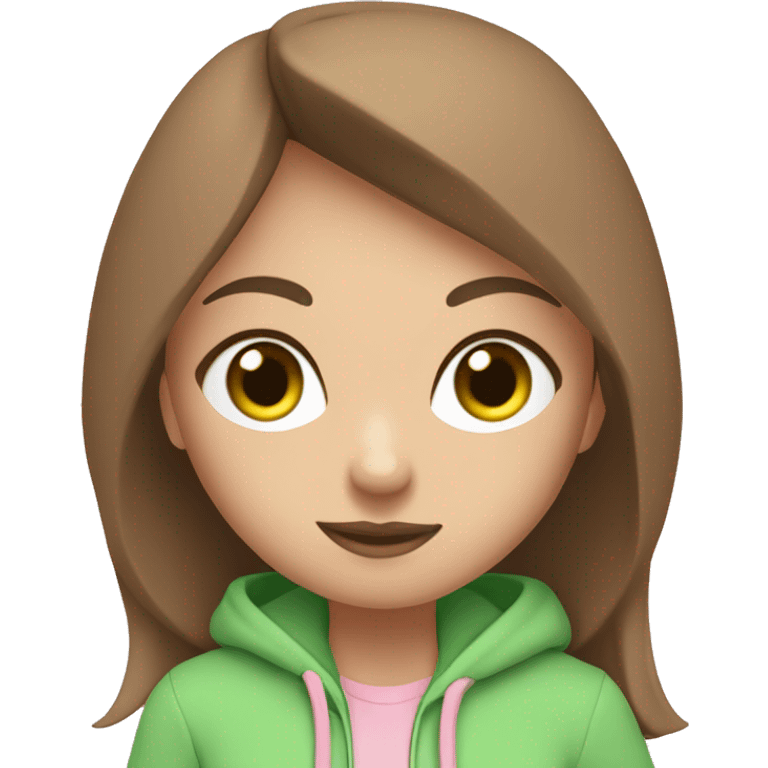 a girl with brown long hair, fair skin, green eyes, is working relaxed at a modern laptop in a monochrome pale pink zip hoodie with a hood and a pink monochrome T-shirt emoji