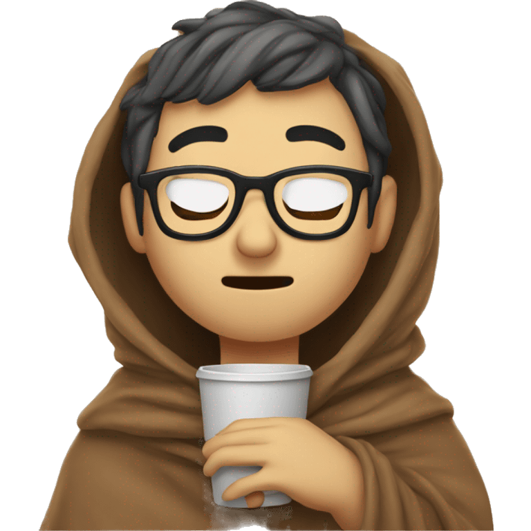 Guy in glasses inside a blanket sipping coffee eyes closed emoji