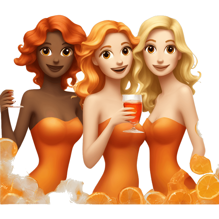 Three beautiful mermaids (blond, brown and red hair) drinking aperol emoji