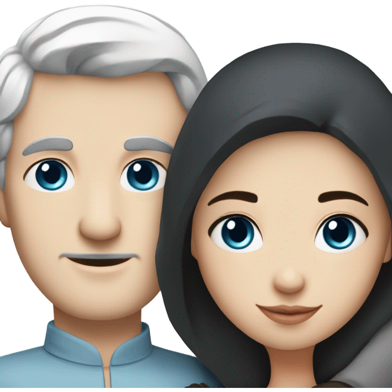 A Russian man with white skin with brown eyes and black hair hugs a Russian woman with white skin with blue eyes and white hair emoji