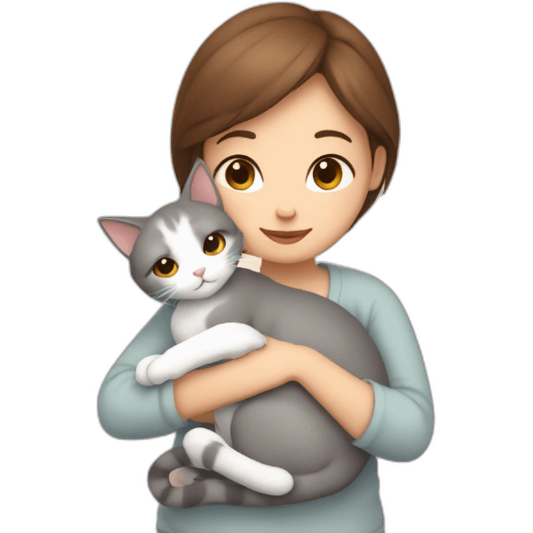 White grey cat cuddling brown hair girl emoji