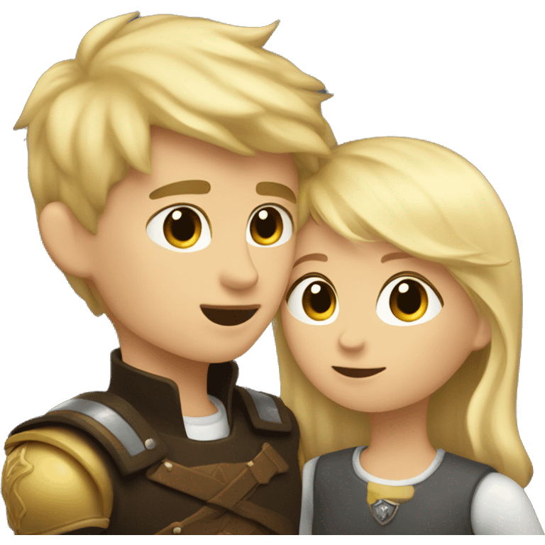 A girl with dark hair kisses a boy with blond hair, the boy has a small shield emoji