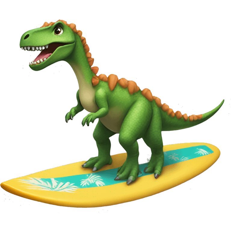 Dinosaur riding a surfboard with a Lei around its neck emoji