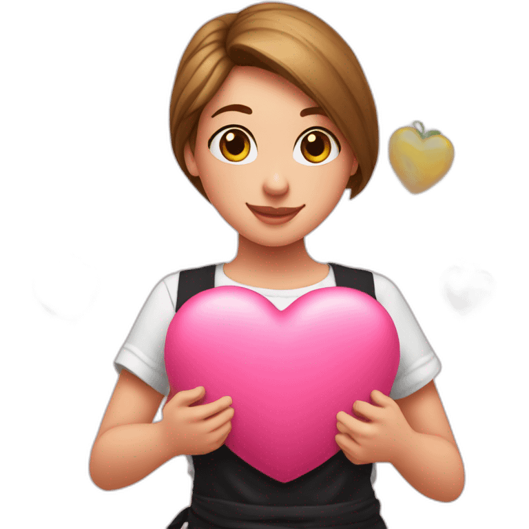 girl in a white T-shirt and a black apron holds a huge pink heart emoji