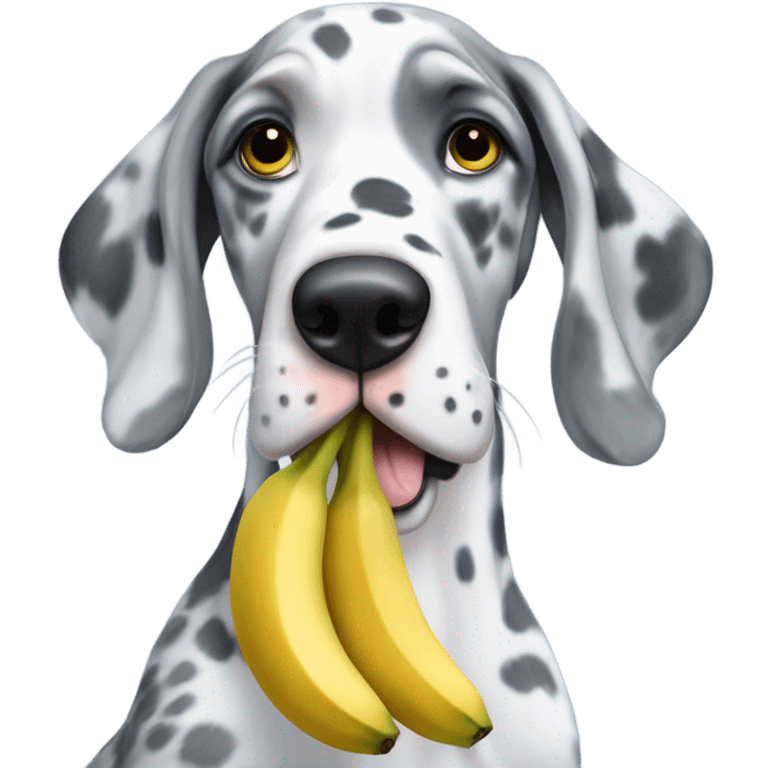 Blue Merle Great Dane holding a banana emoji