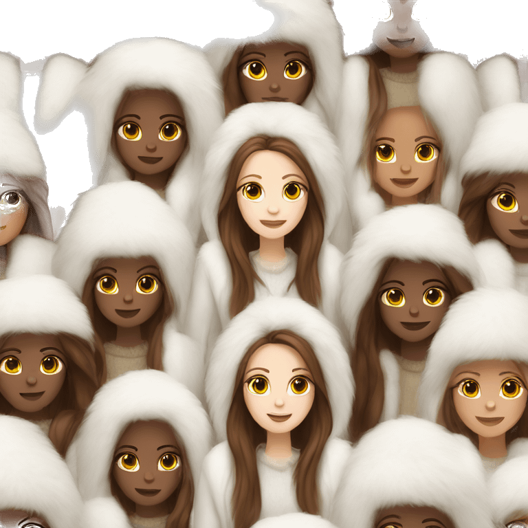 Beautiful white girl with straight brown long hair in white fur-coat emoji