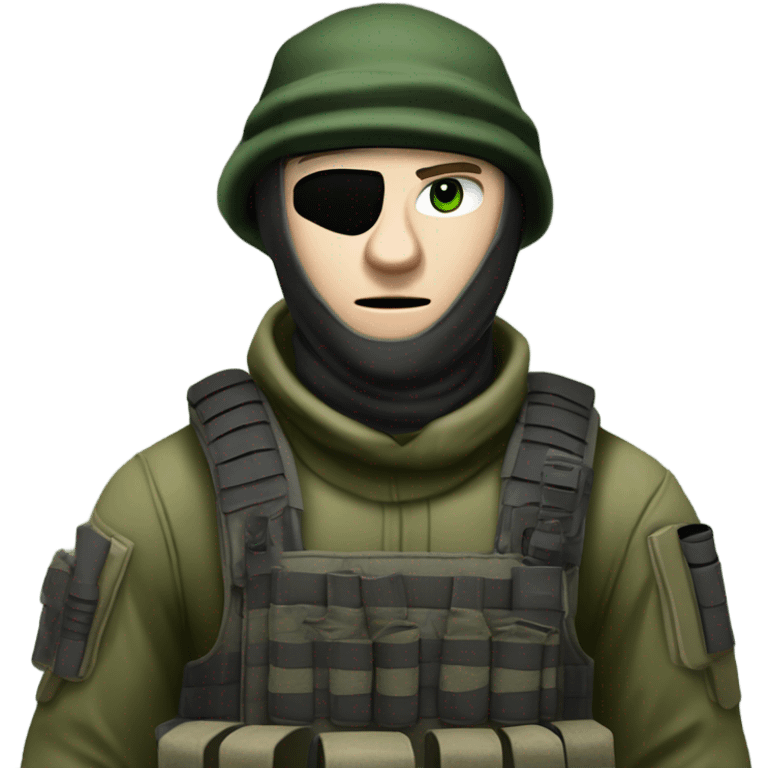 white male, pale skin, call of duty dark mask, green camo tactical gear, combat boots, black beanie, hazel eyes emoji