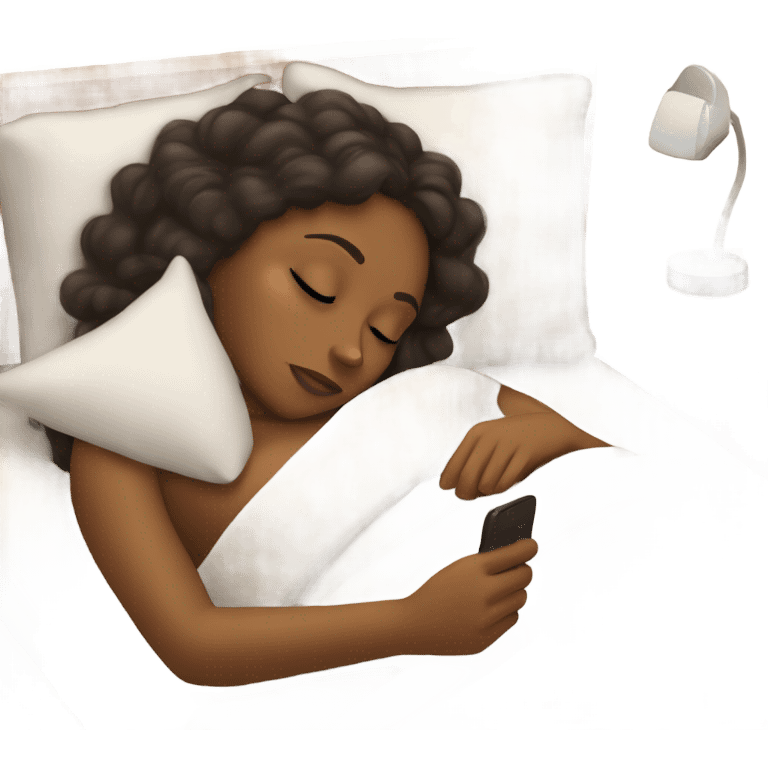 Brown girl laying in bed asleep with phone in hand emoji