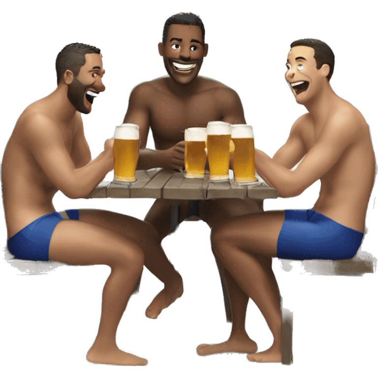 Three men sitting at a table, drinking beer in a swimsuit and laughing. It is raining emoji