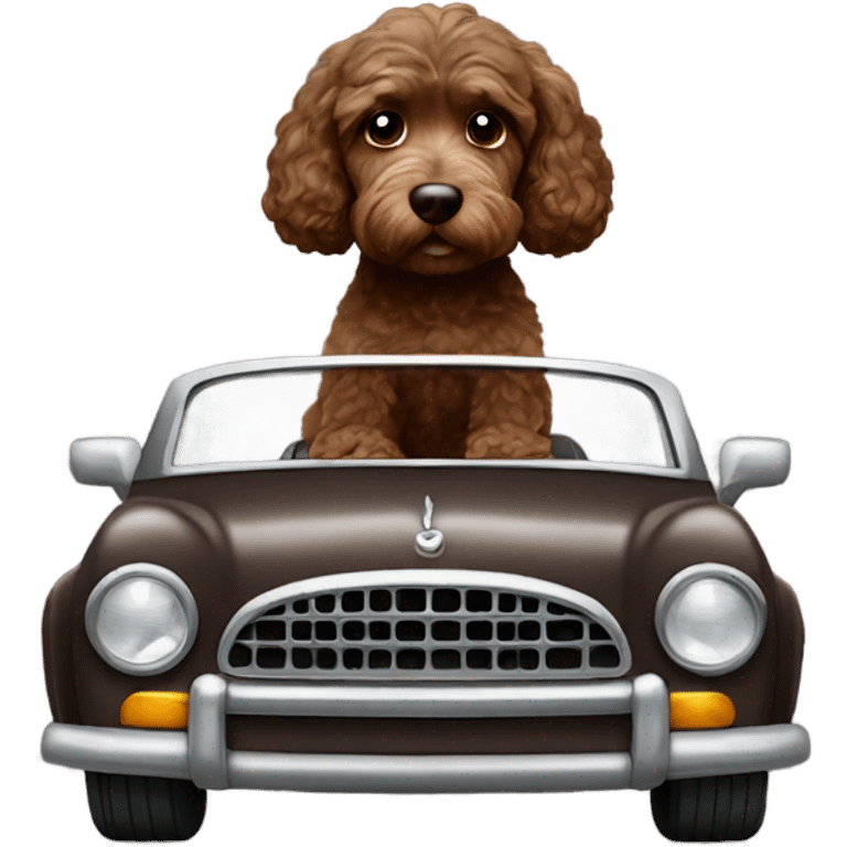 Dark brown Cockapoo driving a car emoji