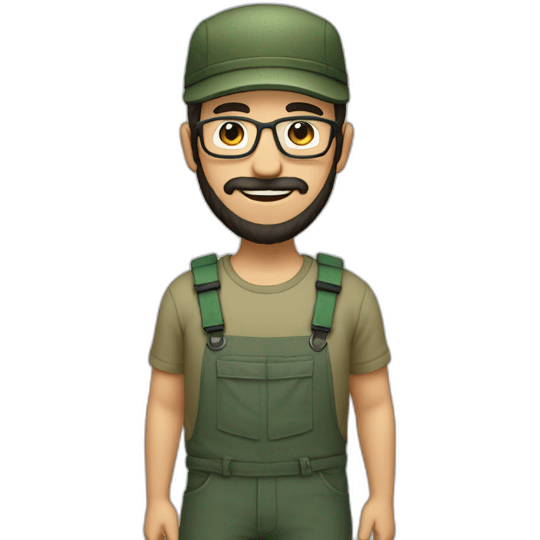 full body of an happy gardener face long dark beard and short dark hair with little transparent glasses and a army cap emoji