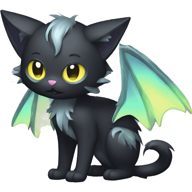 Shiny Shy Cool Punk Black beautiful fantasy Kawaii Ethereal Sona Fakemon-cat-animal with edgy bat-wings-ears Full Body emoji