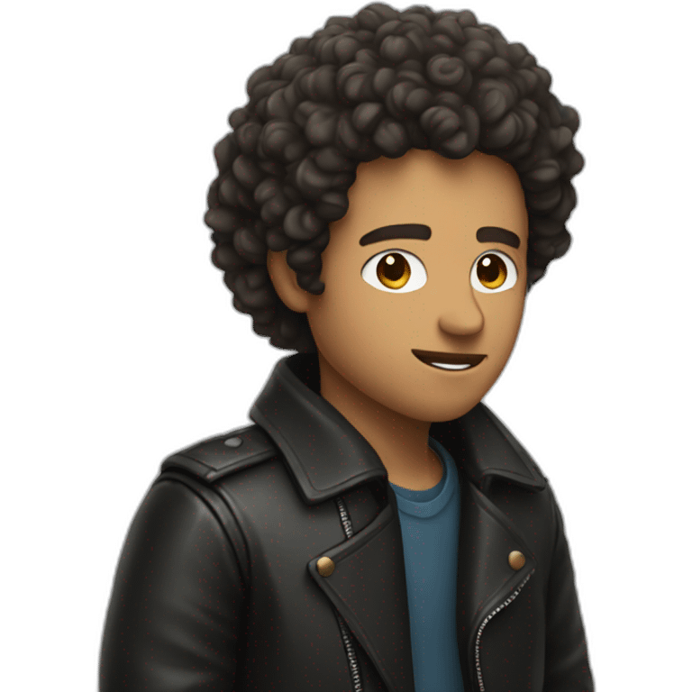 Man with curly hair listening to music with a leather jacket emoji