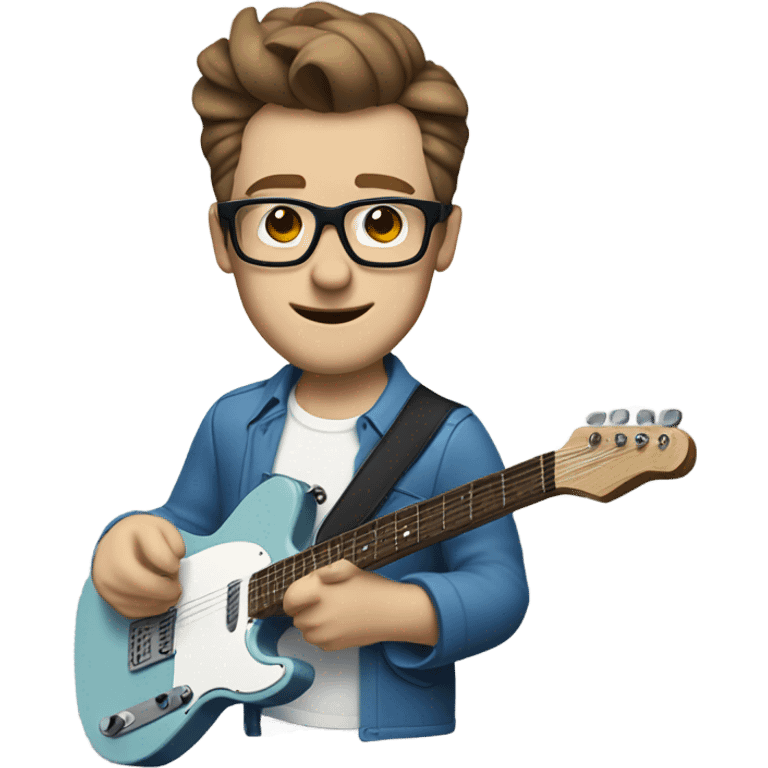 A nerdy white guy with glasses with short brown hair with a small quiff playing a blue classic telescaster emoji