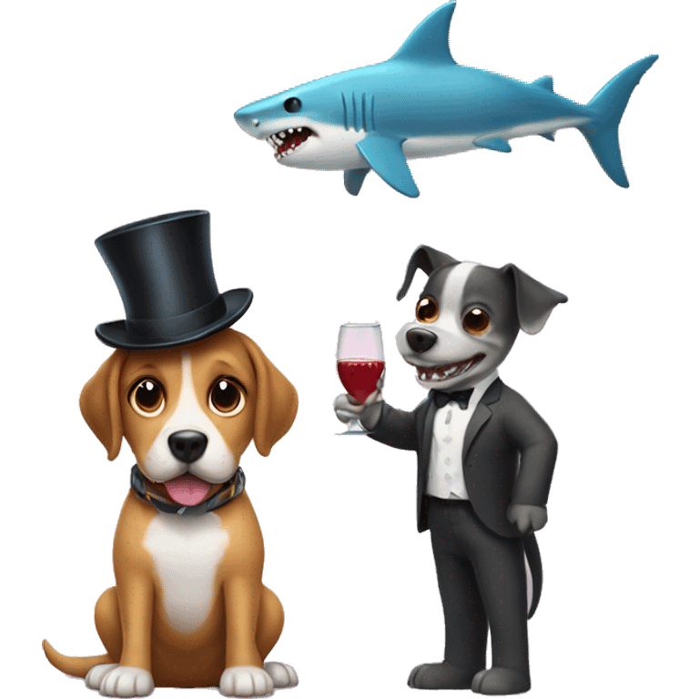 Dog having a date with a shark what has a top hat  emoji