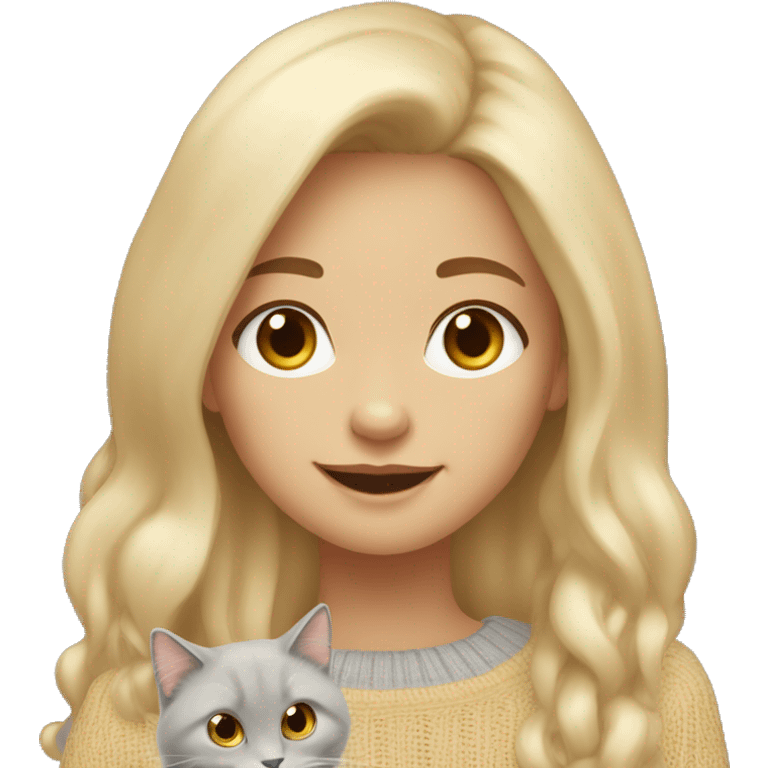 Girl with colored blonde long hair wearing a beige sweater. She is wearing gold big earings. In her arms there is a grey ragdoll cat smiling.  emoji