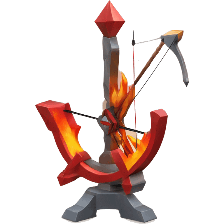 Accurate crossbow sculpture symbolizing Sagittarius with a geometric, faceted design. The symbol is standing upright with angular and disney features. The vibrant red flame colors highlights the sharp edges and planes. emoji