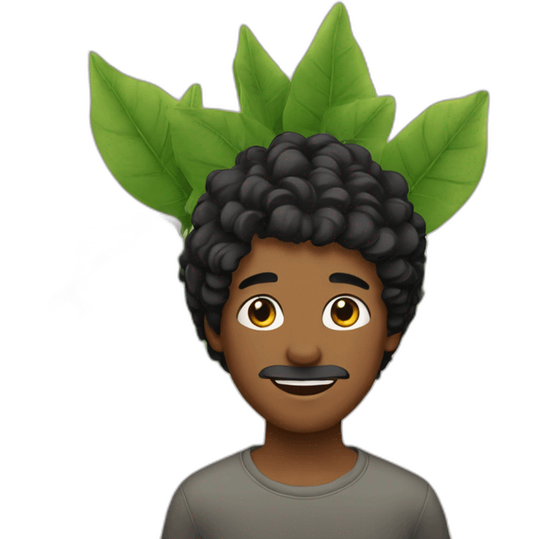 boy with wavy black hair and a stubble with a plant emoji