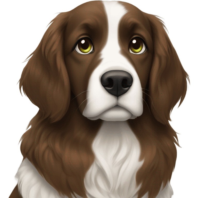 Girl with brown hair and green brown eyes next to a black golden retriever and épagneul breton black and White  emoji