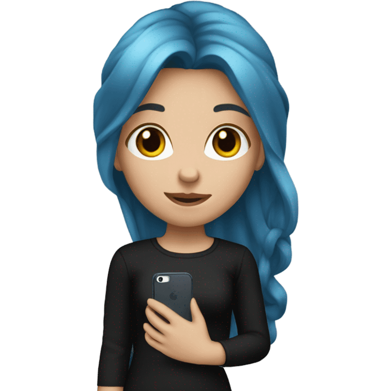 white skin girl with long blue hair in black clothes holding a phone emoji