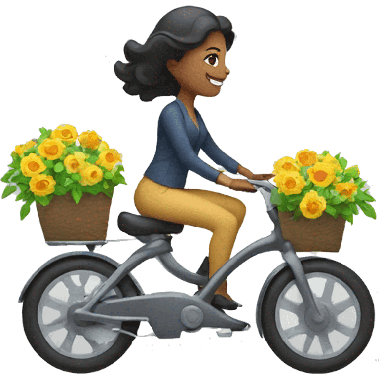 woman riding an electric bicycle holding flower arrangement emoji