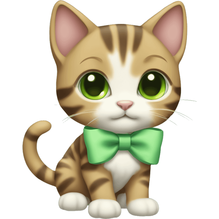 extremely cute kawaii brown tabby kitten with green eyes and pastel green bow full body emoji