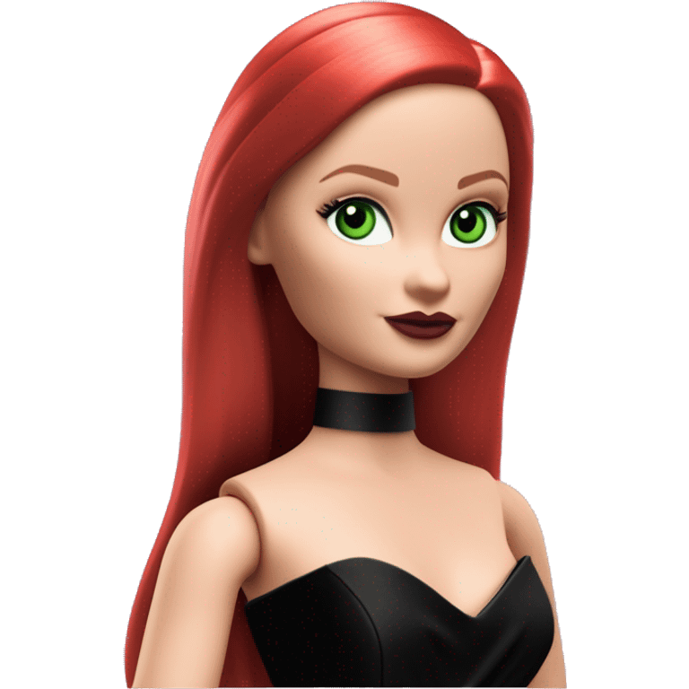  Bunny Wednesday Addams Barbie dancing.  Small Green eyes with light skin face. Longer red hair. black flowing strapless tight evening gown with  plunging neckline that’s off-the-shoulders that also shows her legs and black shiny velvet high heel shoes. emoji