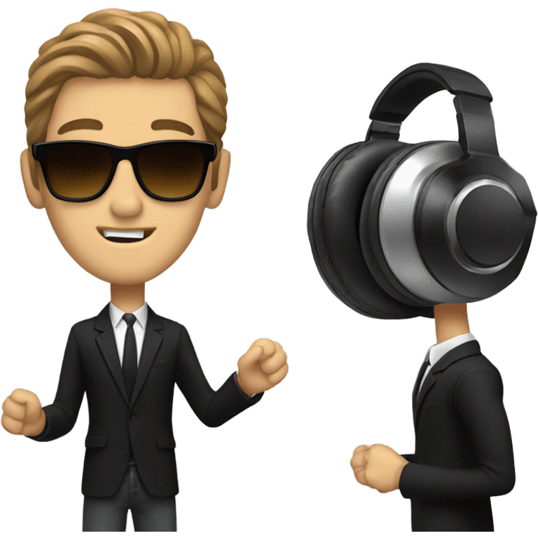 White Man brown hair with sunglasses DJ black jacket skinny tie headphones spinning records emoji