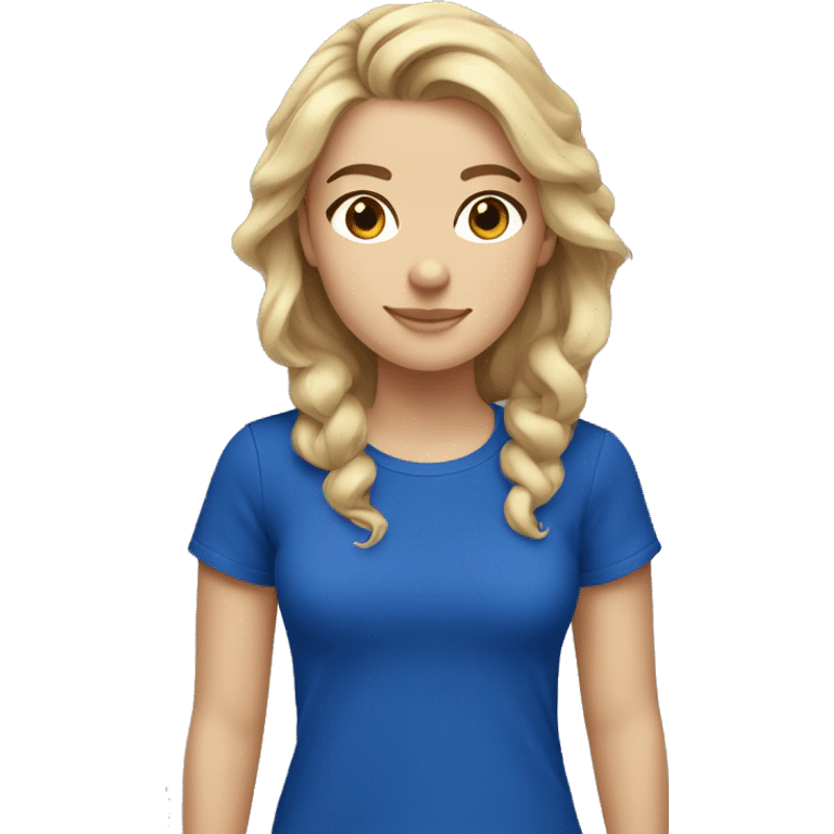 Blonde girl with brunette roots, light brown eyes, fair skin, wearing a royal blue tshirt emoji