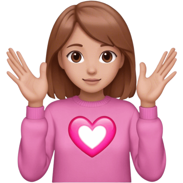 girl in pink sweater with light brown hair shows heart with hands emoji