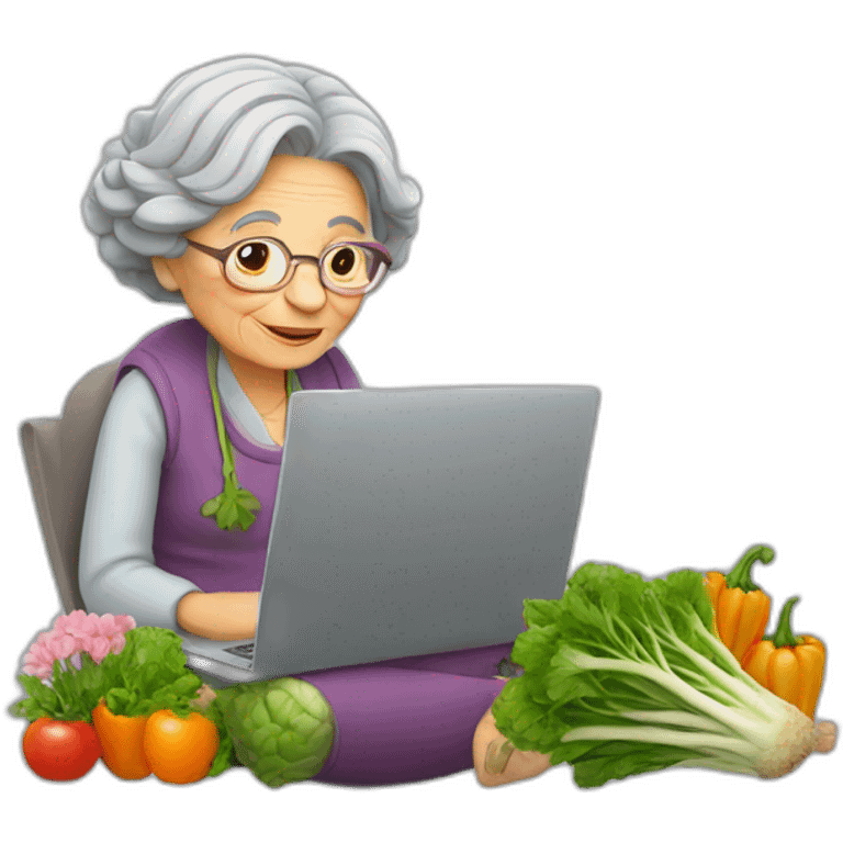 Old woman with flowers in Hair sitting with a Grey laptop and a vegetable emoji