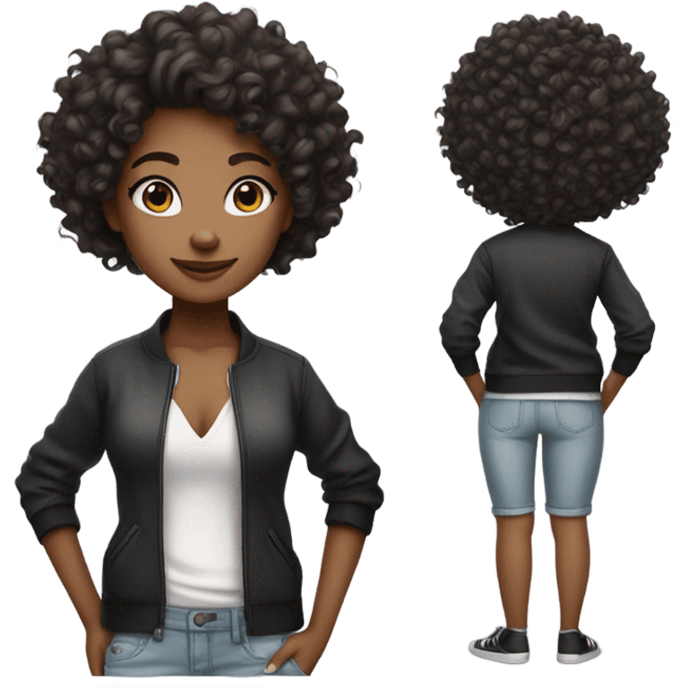 A girl her hair is curly beautiful, cool she is white and black like she is turned skin she wearing a emoji