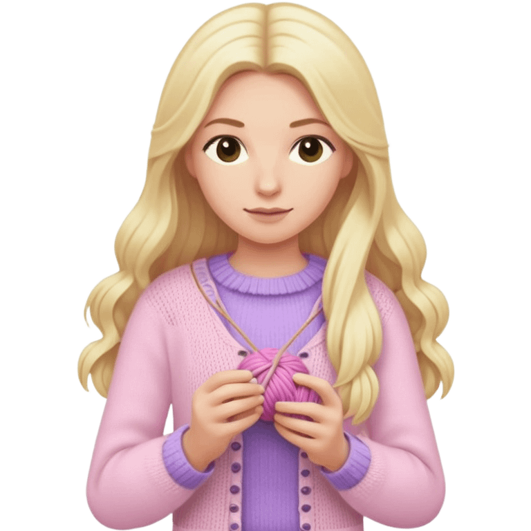 Blonde long hair lady with light pink clothes knitting with light purple wool emoji