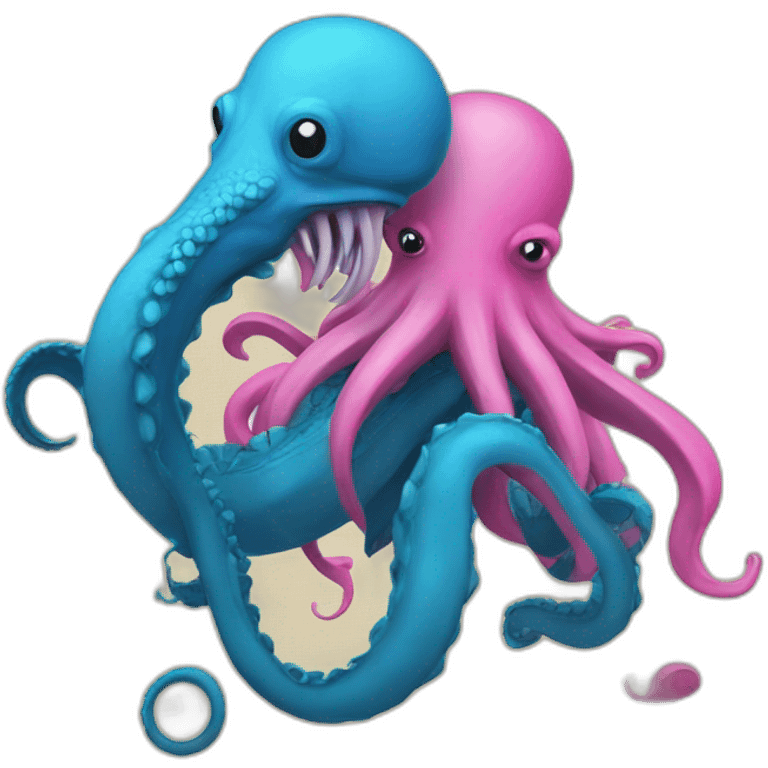 a blue kraken fighting  has another pink kraken emoji