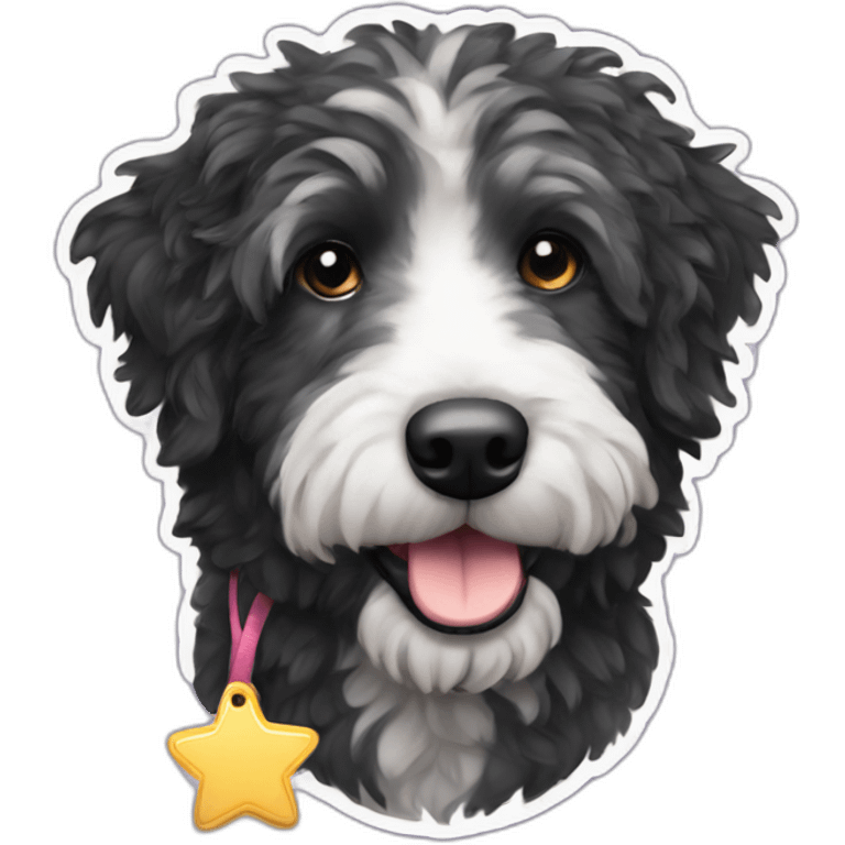 mostly black aussie doodle with a star-shaped tag emoji