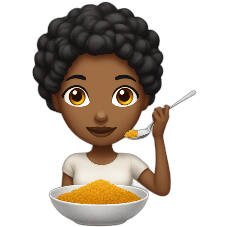 Black woman with black short hair in a bun, eating rice with curry emoji