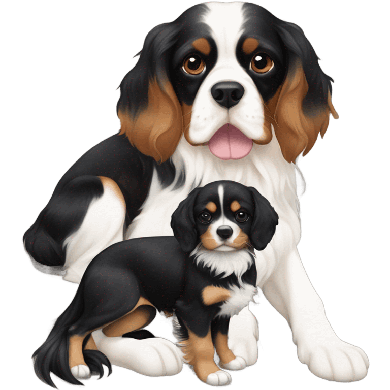 A tricolor cavalier King Charles spaniel sitting beside a black German shepherd   emoji