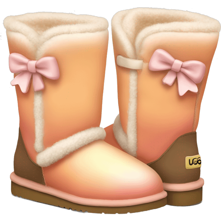 Realistic pair of cream to peach ombre Ugg fur boots with bows. emoji