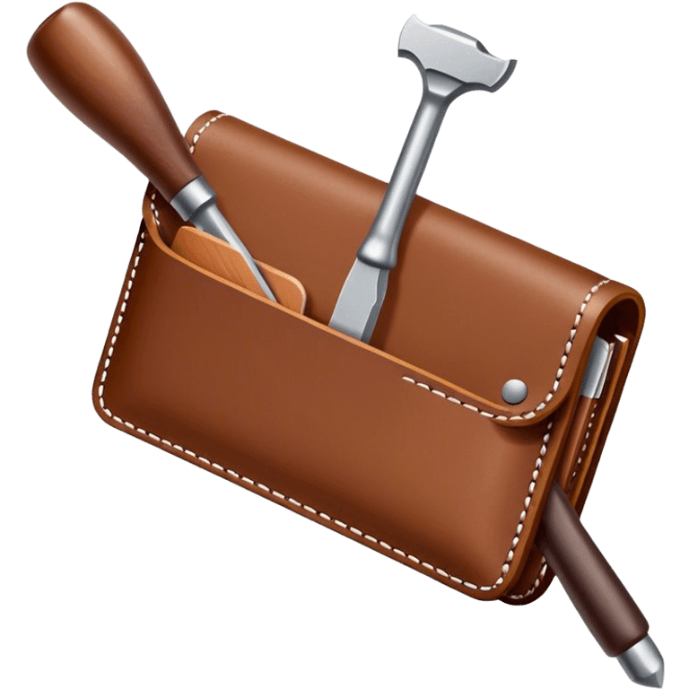 Leatherworking icon, piece of raw leather being crafted into a leather wallet or belt, professional tools like leather stitching awl, edge beveler, hammer, prying tool, minimalistic style, clean lines, transparent background. emoji