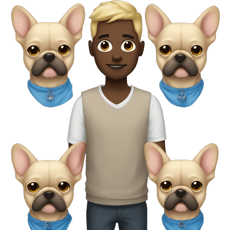 Man with blue eyes holding a blonde frenchie and a fluffy dark one  emoji