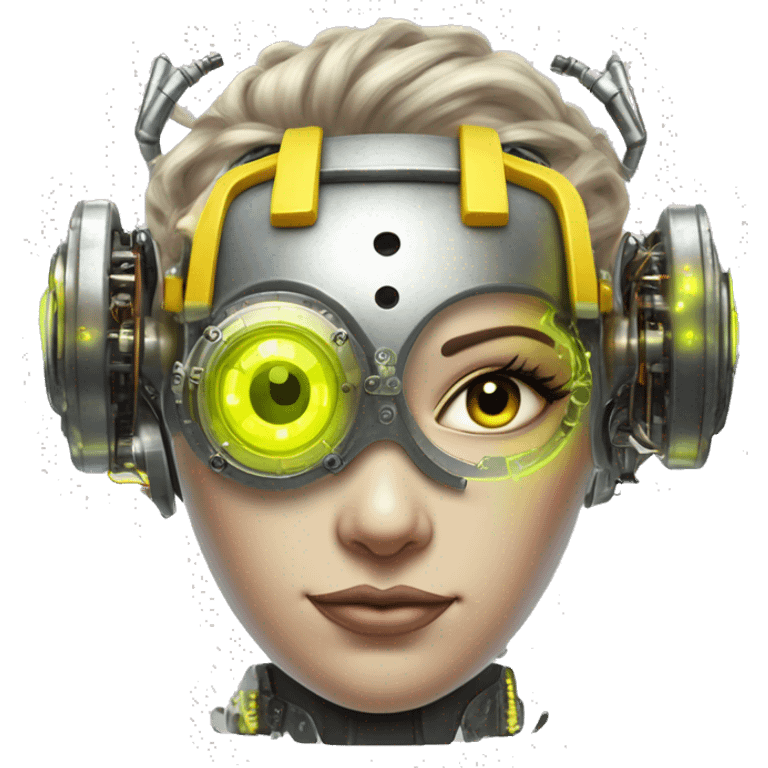 Round faced Caucasian female cyborg head with Neon yellow bobbed hair, silver steampunk goggles and circuits emoji