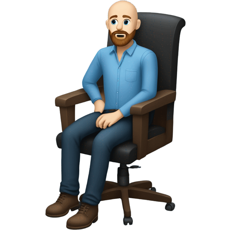 Bald, Caucasian, sky-blue-eyed, Psychotherapist in a modern colorful chair. He has a brown full beard and he’s Wearing a black dress shirt with a subtle pattern, blue jeans and black Chelsea boots with his legs separted leaning forward grey in goatee emoji