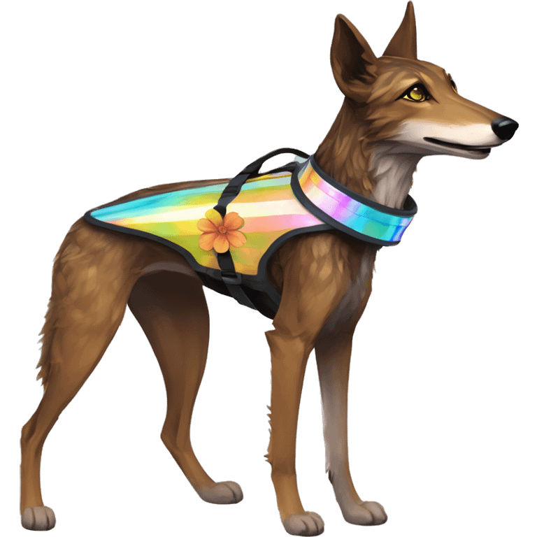  brindle brown black maroon striped lurcher Alsatian fox running blue eyes and iridescent holographic oilslick harness wearing paper iridescent tropical flower crown yellow caution tape emoji