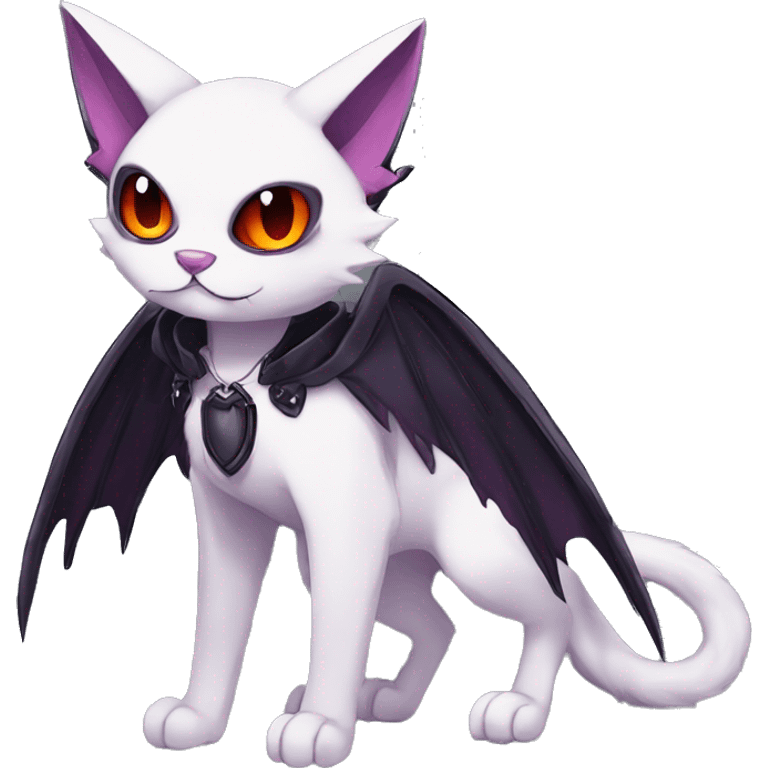   cool edgy beautiful anime-style ethereal dark-punk-themed animal vampiric cat-hybrid Fakemon with fangs and bat-wing-ears with a collar full body emoji