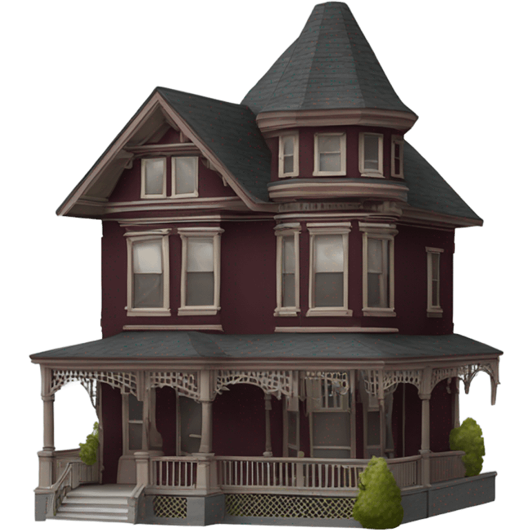 Maroon victorian cedar sided house with 2 window roof perchs emoji